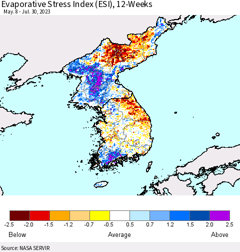 Korea Evaporative Stress Index (ESI), 12-Weeks Thematic Map For 7/24/2023 - 7/30/2023