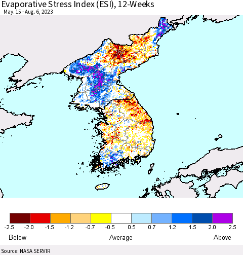 Korea Evaporative Stress Index (ESI), 12-Weeks Thematic Map For 7/31/2023 - 8/6/2023