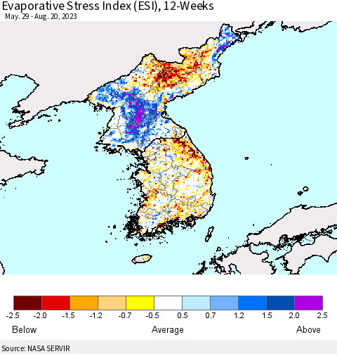 Korea Evaporative Stress Index (ESI), 12-Weeks Thematic Map For 8/14/2023 - 8/20/2023