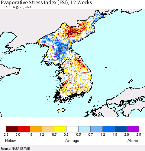 Korea Evaporative Stress Index (ESI), 12-Weeks Thematic Map For 8/21/2023 - 8/27/2023
