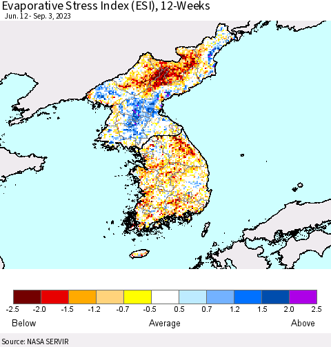 Korea Evaporative Stress Index (ESI), 12-Weeks Thematic Map For 8/28/2023 - 9/3/2023