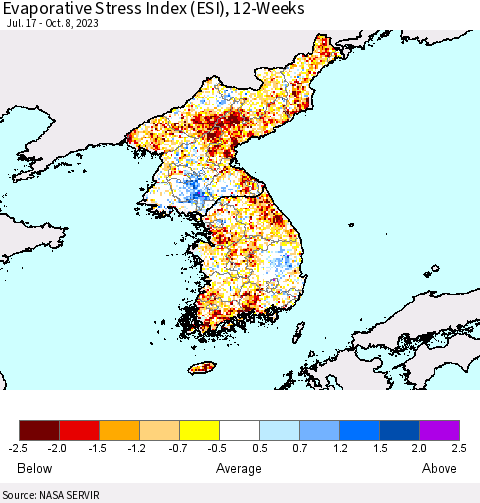 Korea Evaporative Stress Index (ESI), 12-Weeks Thematic Map For 10/2/2023 - 10/8/2023