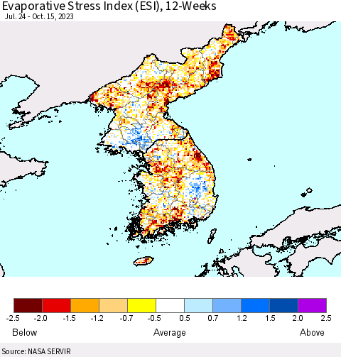 Korea Evaporative Stress Index (ESI), 12-Weeks Thematic Map For 10/9/2023 - 10/15/2023
