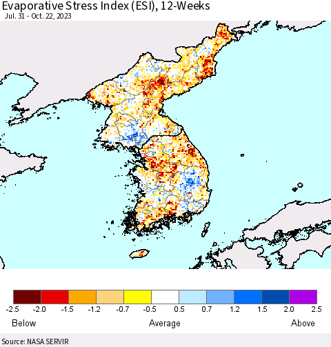 Korea Evaporative Stress Index (ESI), 12-Weeks Thematic Map For 10/16/2023 - 10/22/2023