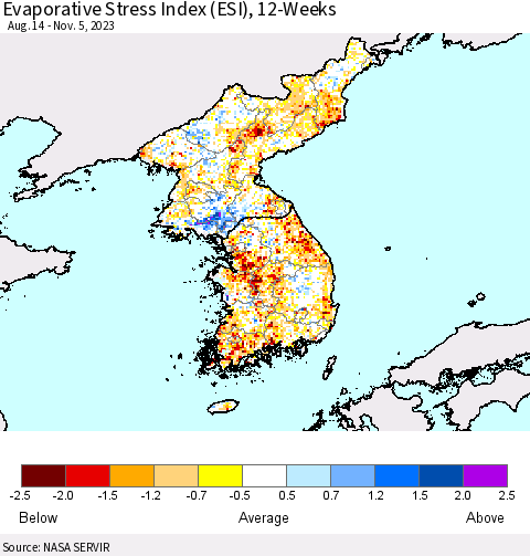 Korea Evaporative Stress Index (ESI), 12-Weeks Thematic Map For 10/30/2023 - 11/5/2023