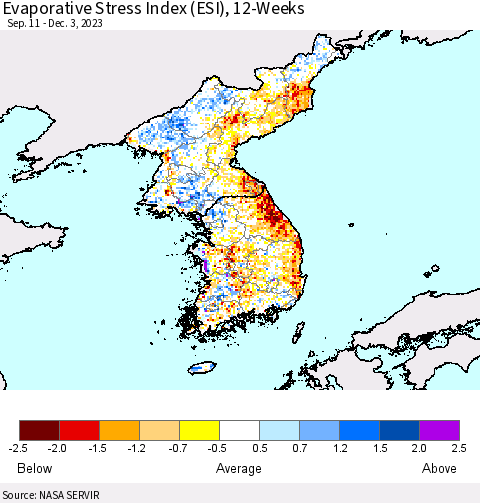 Korea Evaporative Stress Index (ESI), 12-Weeks Thematic Map For 11/27/2023 - 12/3/2023