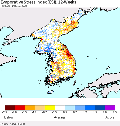 Korea Evaporative Stress Index (ESI), 12-Weeks Thematic Map For 12/11/2023 - 12/17/2023