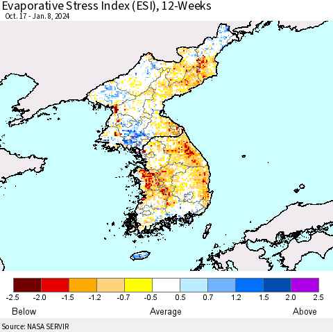 Korea Evaporative Stress Index (ESI), 12-Weeks Thematic Map For 1/8/2024 - 1/14/2024