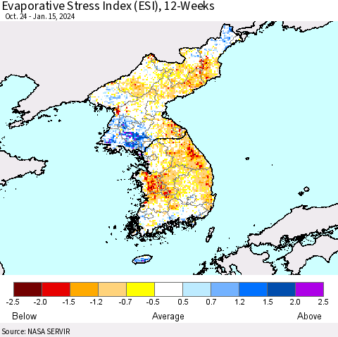 Korea Evaporative Stress Index (ESI), 12-Weeks Thematic Map For 1/15/2024 - 1/21/2024