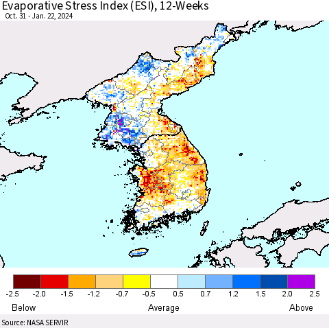 Korea Evaporative Stress Index (ESI), 12-Weeks Thematic Map For 1/22/2024 - 1/28/2024
