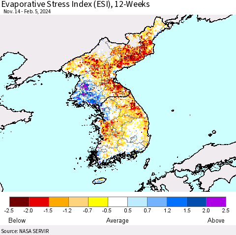 Korea Evaporative Stress Index (ESI), 12-Weeks Thematic Map For 2/5/2024 - 2/11/2024