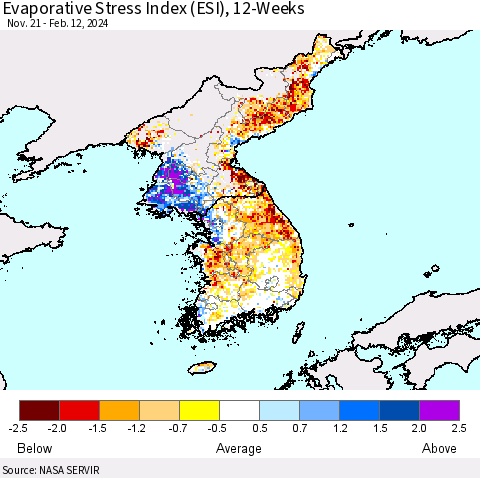 Korea Evaporative Stress Index (ESI), 12-Weeks Thematic Map For 2/12/2024 - 2/18/2024