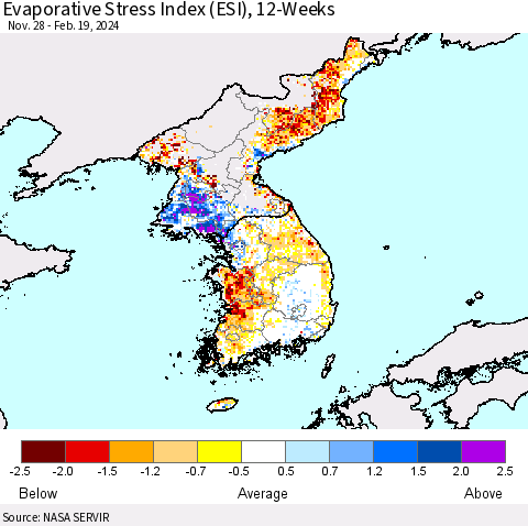 Korea Evaporative Stress Index (ESI), 12-Weeks Thematic Map For 2/19/2024 - 2/25/2024