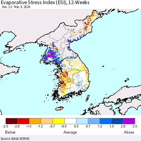 Korea Evaporative Stress Index (ESI), 12-Weeks Thematic Map For 3/4/2024 - 3/10/2024
