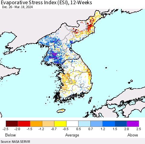 Korea Evaporative Stress Index (ESI), 12-Weeks Thematic Map For 3/18/2024 - 3/24/2024