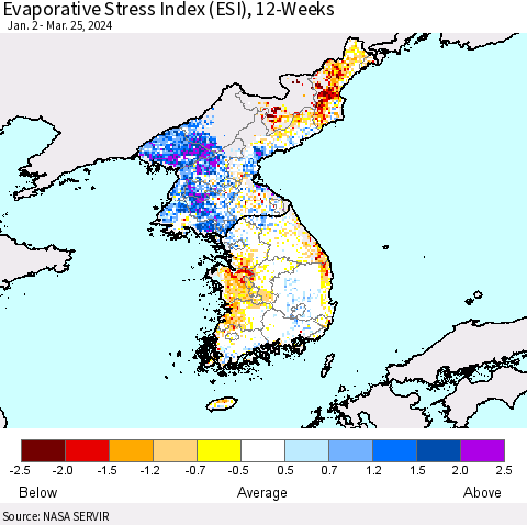 Korea Evaporative Stress Index (ESI), 12-Weeks Thematic Map For 3/25/2024 - 3/31/2024