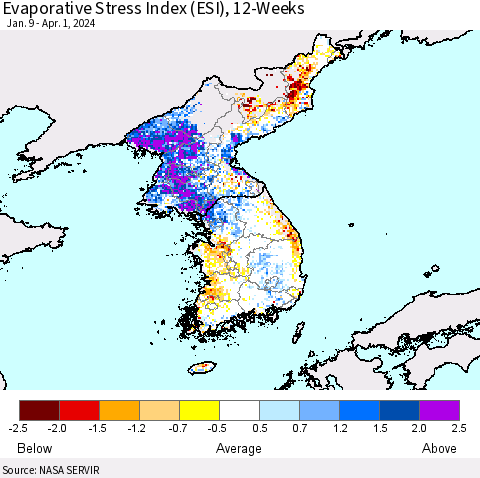 Korea Evaporative Stress Index (ESI), 12-Weeks Thematic Map For 4/1/2024 - 4/7/2024