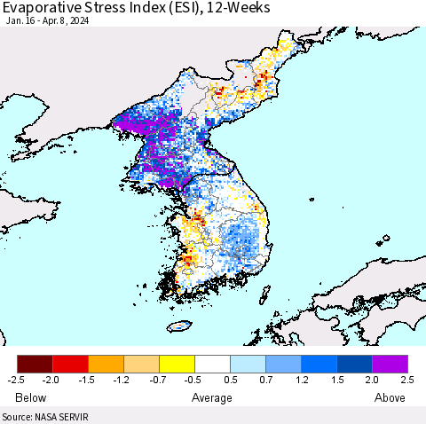 Korea Evaporative Stress Index (ESI), 12-Weeks Thematic Map For 4/8/2024 - 4/14/2024