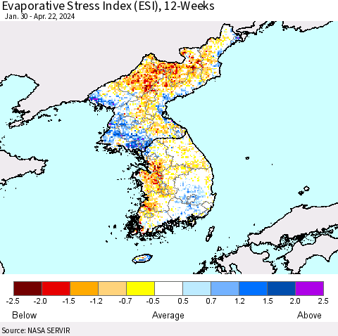 Korea Evaporative Stress Index (ESI), 12-Weeks Thematic Map For 4/22/2024 - 4/28/2024