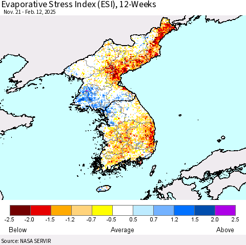 Korea Evaporative Stress Index (ESI), 12-Weeks Thematic Map For 2/10/2025 - 2/16/2025