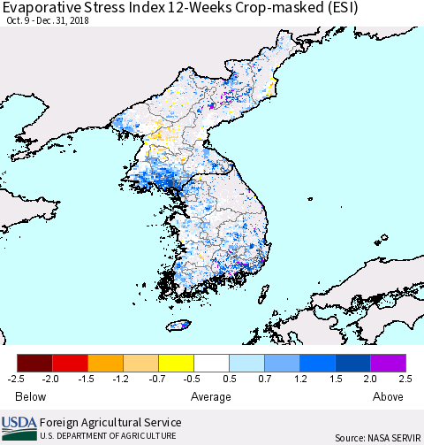 Korea Evaporative Stress Index (ESI), 12-Weeks over Croplands Thematic Map For 12/31/2018 - 1/6/2019