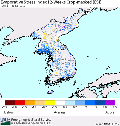 Korea Evaporative Stress Index (ESI), 12-Weeks over Croplands Thematic Map For 1/7/2019 - 1/13/2019