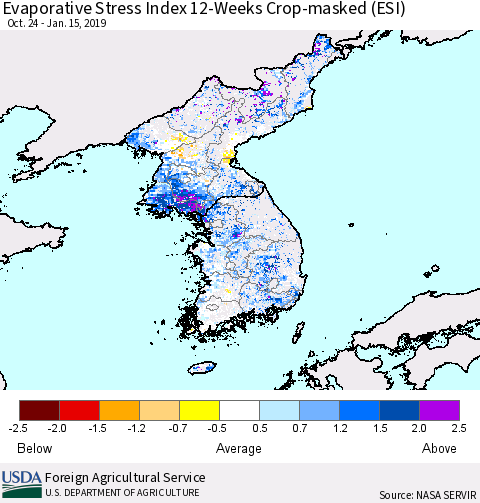 Korea Evaporative Stress Index (ESI), 12-Weeks over Croplands Thematic Map For 1/14/2019 - 1/20/2019