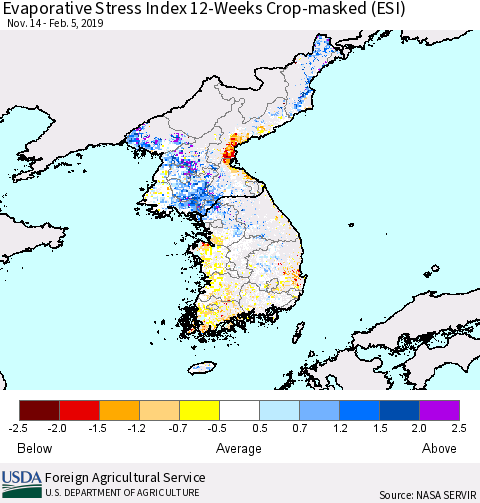 Korea Evaporative Stress Index (ESI), 12-Weeks over Croplands Thematic Map For 2/4/2019 - 2/10/2019