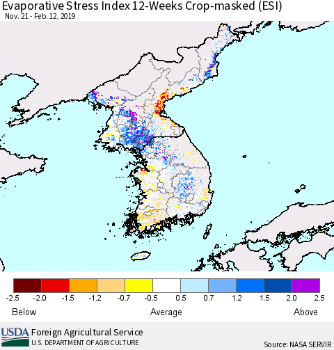 Korea Evaporative Stress Index (ESI), 12-Weeks over Croplands Thematic Map For 2/11/2019 - 2/17/2019