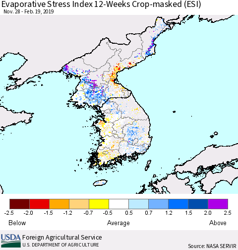 Korea Evaporative Stress Index (ESI), 12-Weeks over Croplands Thematic Map For 2/18/2019 - 2/24/2019