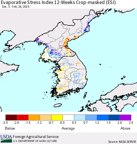 Korea Evaporative Stress Index (ESI), 12-Weeks over Croplands Thematic Map For 2/25/2019 - 3/3/2019