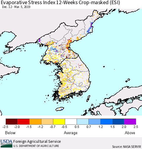 Korea Evaporative Stress Index (ESI), 12-Weeks over Croplands Thematic Map For 3/4/2019 - 3/10/2019