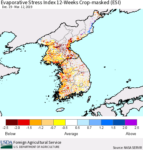 Korea Evaporative Stress Index (ESI), 12-Weeks over Croplands Thematic Map For 3/11/2019 - 3/17/2019