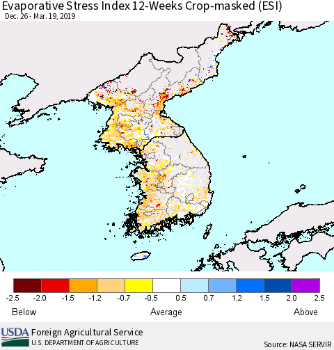 Korea Evaporative Stress Index (ESI), 12-Weeks over Croplands Thematic Map For 3/18/2019 - 3/24/2019