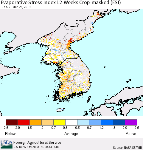 Korea Evaporative Stress Index (ESI), 12-Weeks over Croplands Thematic Map For 3/25/2019 - 3/31/2019