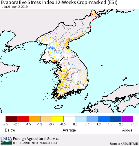 Korea Evaporative Stress Index (ESI), 12-Weeks over Croplands Thematic Map For 4/1/2019 - 4/7/2019