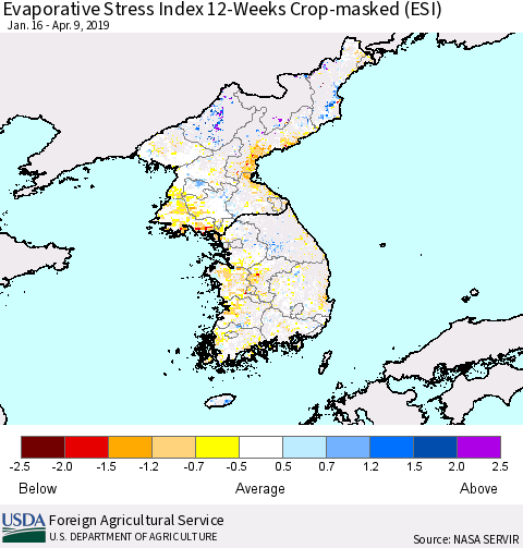 Korea Evaporative Stress Index (ESI), 12-Weeks over Croplands Thematic Map For 4/8/2019 - 4/14/2019