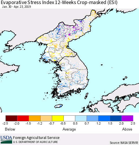 Korea Evaporative Stress Index (ESI), 12-Weeks over Croplands Thematic Map For 4/22/2019 - 4/28/2019