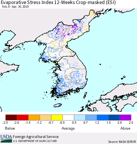 Korea Evaporative Stress Index (ESI), 12-Weeks over Croplands Thematic Map For 4/29/2019 - 5/5/2019