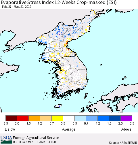 Korea Evaporative Stress Index (ESI), 12-Weeks over Croplands Thematic Map For 5/20/2019 - 5/26/2019