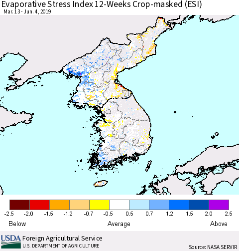 Korea Evaporative Stress Index (ESI), 12-Weeks over Croplands Thematic Map For 6/3/2019 - 6/9/2019
