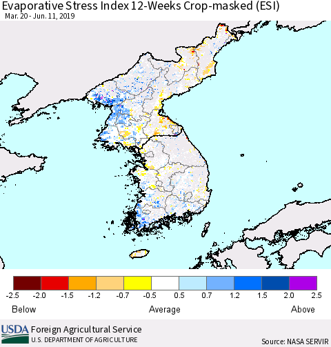 Korea Evaporative Stress Index (ESI), 12-Weeks over Croplands Thematic Map For 6/10/2019 - 6/16/2019