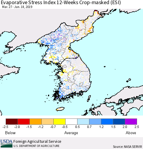 Korea Evaporative Stress Index (ESI), 12-Weeks over Croplands Thematic Map For 6/17/2019 - 6/23/2019