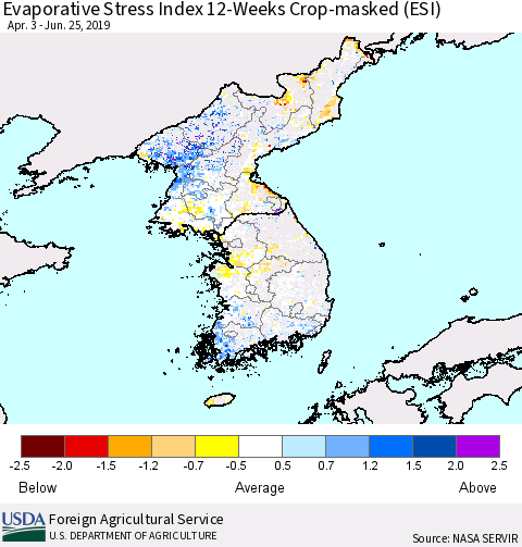 Korea Evaporative Stress Index (ESI), 12-Weeks over Croplands Thematic Map For 6/24/2019 - 6/30/2019