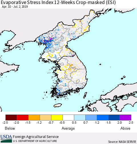Korea Evaporative Stress Index (ESI), 12-Weeks over Croplands Thematic Map For 7/1/2019 - 7/7/2019