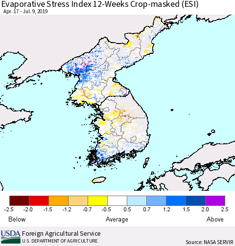 Korea Evaporative Stress Index (ESI), 12-Weeks over Croplands Thematic Map For 7/8/2019 - 7/14/2019