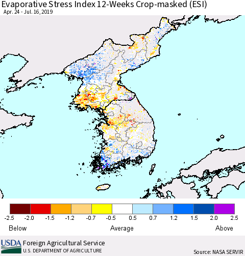 Korea Evaporative Stress Index (ESI), 12-Weeks over Croplands Thematic Map For 7/15/2019 - 7/21/2019