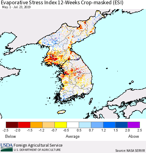 Korea Evaporative Stress Index (ESI), 12-Weeks over Croplands Thematic Map For 7/22/2019 - 7/28/2019