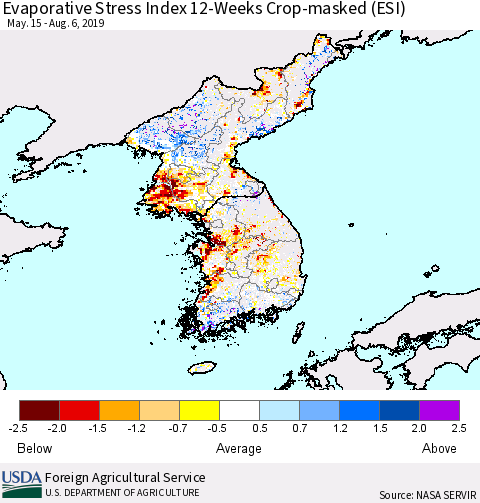 Korea Evaporative Stress Index (ESI), 12-Weeks over Croplands Thematic Map For 8/5/2019 - 8/11/2019