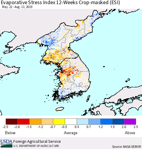 Korea Evaporative Stress Index (ESI), 12-Weeks over Croplands Thematic Map For 8/12/2019 - 8/18/2019